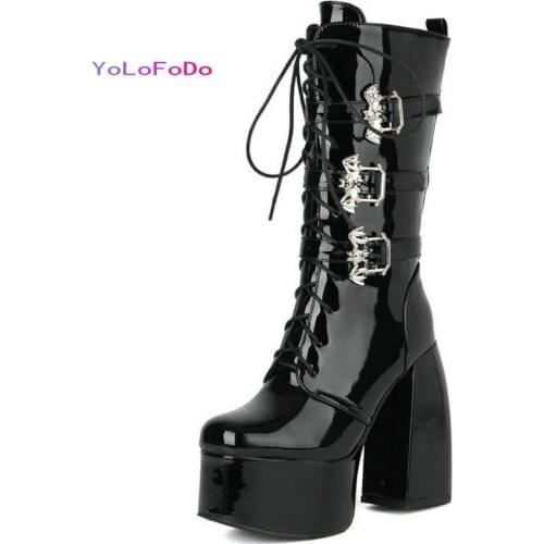 2021 Autumn Winter Women Ankle Boots Platform Square High Heel Ladies Motorcycle Boots Cross Tied Side Zipper Womens Boots