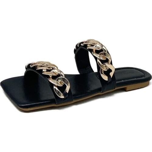 2021 Fashion Summer Flat Bottom Square Head Shoes Womens Sandals Solid Sexy Ladies Slippers Chain Outside Flip-Flops