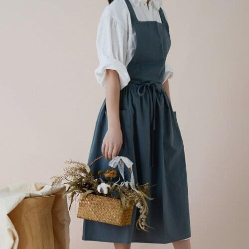 Women Cotton Linen Cross Back Apron Japanese Quiet Colors Housework Baking Wrap Florist Cleaning Dress Kitchen Cooking Aprons
