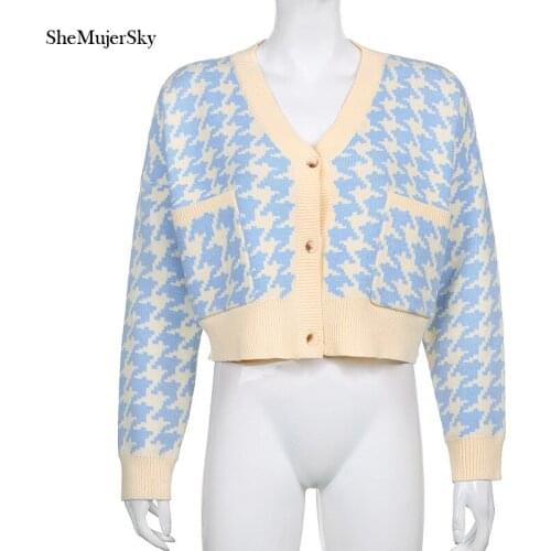 SheMujerSky Women Blue Houndstooth Sweaters Autumn Winter Long Sleeve V-neck Single Breasted Cardigans 2021