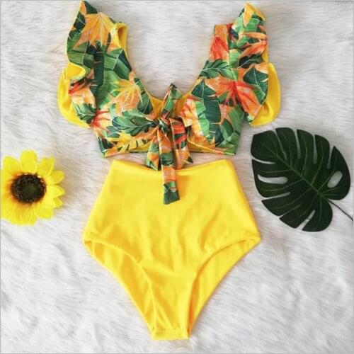 Floral Ruffled Hem Bikini Set Women Flora V-neck High-waisted Two Piece Swimsuit 2020 Girl Beach Bathing Suit Swimwear Biquinis