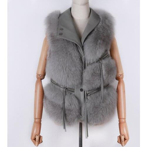 YOLOAgain women turn down collar natural fox fur vest ladies zipper real fox fur gilet