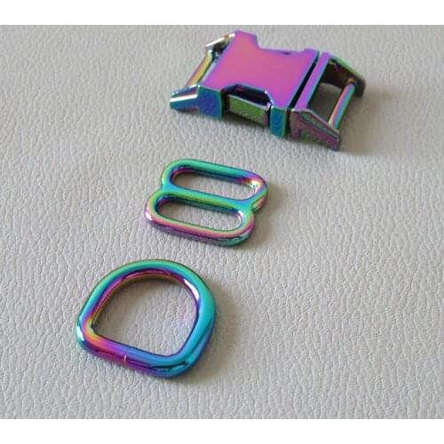 20Sets/Pack Wholesale Pet Dog Collar Harness Hardware Metal D Ring Adjustable Buckle Belt Clasp DIY Accessory Slider Rainbow