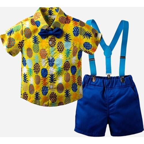 2020 new pineapple sleeve short sleeve childrens two-piece gentleman outfit cute top + suspenders banquet gentleman outfit 0-6