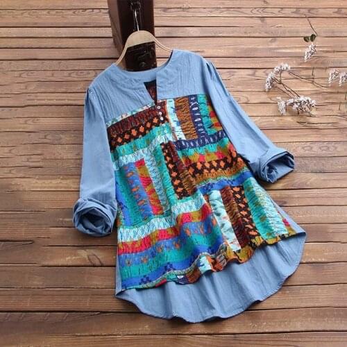 2021 Summer Women Button Vintage Printing Long Sleeve V-neck Blouse Loose Casual Tops Streetwear Blouses Femme