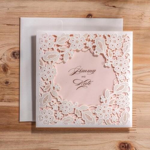 50pcs Vintage Laser Cut Wedding Invitations Cards With White Square Hollow Flora For party wedding Invitation
