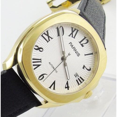 Luxury Parnis golden watch Japan Miyota8215 automatic movement for men square wristwatch white dial date display leather strap