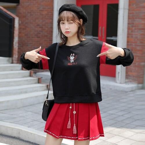 Black Harajuku Cartoon Print Casual Oversize Hoodies Sweatshirt Women 2020 Autumn Long Sleeve O-neck Sweet Style Girly Cute Top