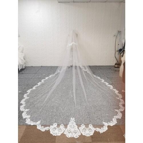 Custom style 4m two layers lace bridal veil weding dreses veil with lace around train