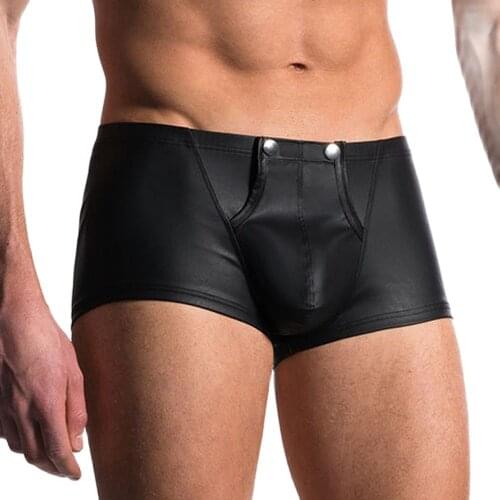 Faux Leather Low-waist Sexy Mens Boxer Shorts Sex Lingerie U Convex Club Underwear Button Open Crotch Nightclub Gigolo Costume