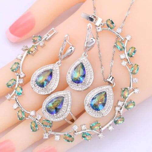 Rainbow Water Drop 925 Silver Jewelry Sets For Women Bridal Bracelet Earrings Rings Necklace Pendant