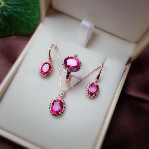 Red or blue topaz gemstone jewelry set including ring earrings natural gem 925 silver necklace good cut birthday party gift