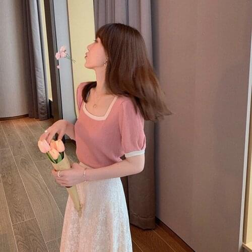 Summer Womens Fashion Suit Skirt Student Knit Short-sleeved T-shirt + Lace Skirt Suit Skirt Two-piece Suit
