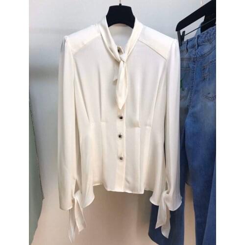 Fashion 2021 new ladies long sleeve sexy casual solid color neckline ribbon bow silk shirt 0925