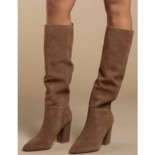 Fashion runway black suede leather women boots pointed toe western cowboy boots ladies Knee-High boots chunky wedges