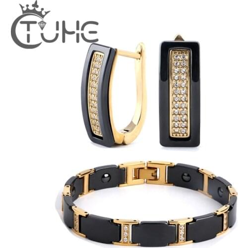 Gold Color CZ Crystal Bridal Jewelry Sets African Beads Rhinestone Wedding Ceramic Earrings Bracelet Sets For Women Jewelry Gift