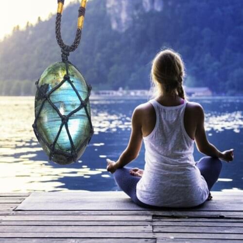 Natural Labradorite Pendant Irregular Shape Stone Wrap Braid Necklace Healing Stone For Men Women Birthday, Date, Party Gift