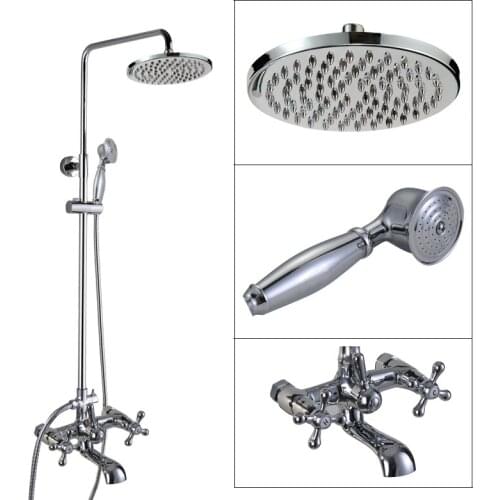 Polished Chrome Brass Dual Cross Handles Wall Mounted Bathroom 8" Round Rain Shower Head Faucet Set Bath Tub Mixer Taps mcy323
