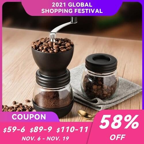 Portable Cafe Coffee Pot Bean Maker Manual Coffee Grinder with Ceramic Burrs, Hand Coffee Mill Coffee Bean Grinder