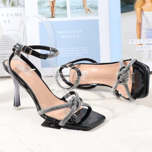 Pointed Bowknot Rhinestone Sandals Ladies High Heels Summer Ladies Shoes Genuine Leather High Heels Party Prom Shoes