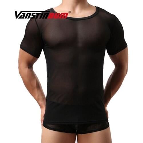 VANSTINBUM Sleep Tops Mens pijama hombre Transparent Shirt Casual Short Sleeve Breathable rede de dormir Stretch Undershirt