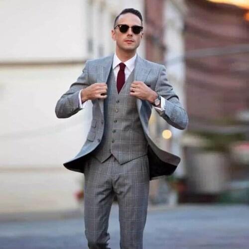 Light Gray Glen Check Mens Suits Peaked Lapel Tailored Tuxedos For Wedding Male Blazers With Jackets Vest And Trousers