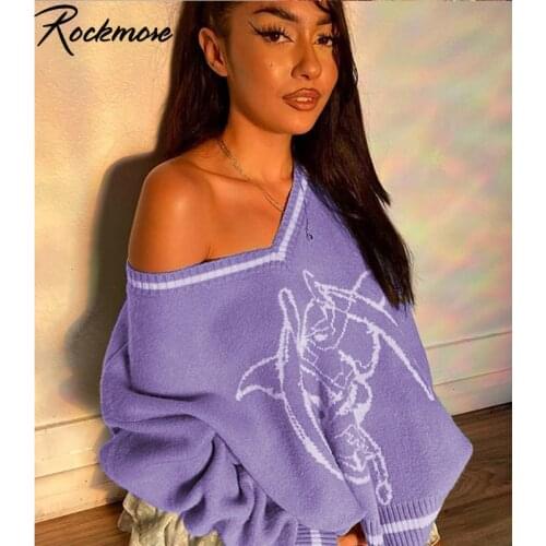Rockmore Printed Y2K Aesthetic Sweaters WomenS V Neck Pullovers Long Sleeve Plus Size Cardigans Streetwear Knitted Jumpers Tops