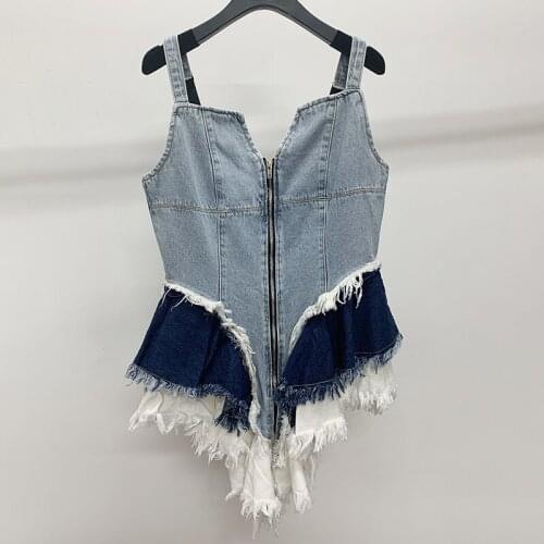 2021 New Denim Vest For Female Deep V Neck Sleeveless Off Shoulder Patchwork Tassel Hit Color Womens Vest Fashion Tide 2021