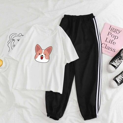 Cartoon 2 Piece Set Kawaii Dog Print Two Piece Outfits Streetwear Style Casual Pants Women Loose and Short Sleeve Sweatshirt