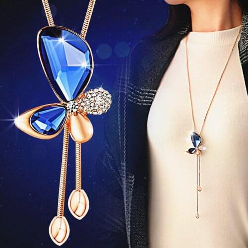 Blue Crystal Butterfly Long Tassel Necklace Women Sweater Necklaces & Pendants Fashion Jewelry Wholesale Gift