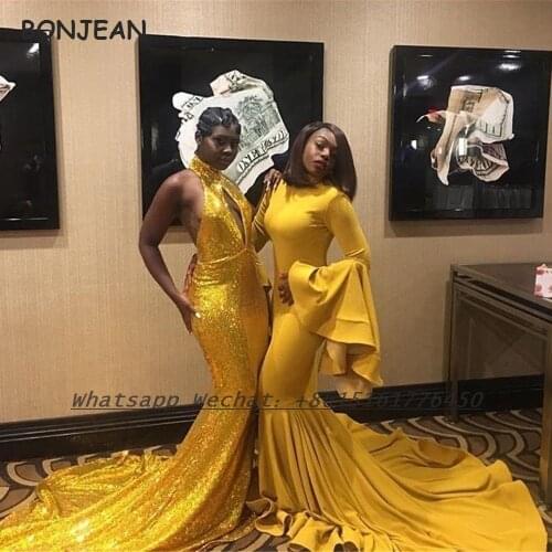 2021 Mermaid Evening Dress Yellow Long Sleeves Sequins Floor Length Elegant Evening Prom Party Gowns