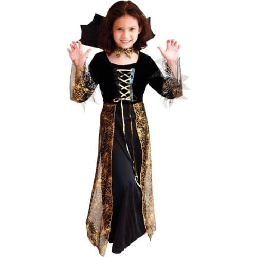 Child Kids Girls Black Gold Spiderweb Dark Countess Vampire Vampiress Costume Halloween Purim Carnival Masquerade Party Dress
