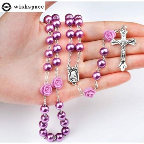 Wishspace 8mm Purple Rose imitation pearl necklace sweater necklace cross the Virgin Catholic religion long necklace