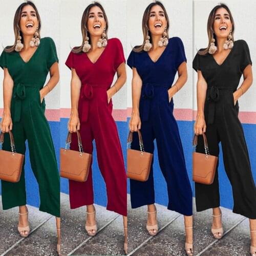 2021 Summer Women Jumpsuit Casual Short Sleeve Ladies V-Neck Solid Color Long Female Loose Wide Leg Jumpsuit Overalls