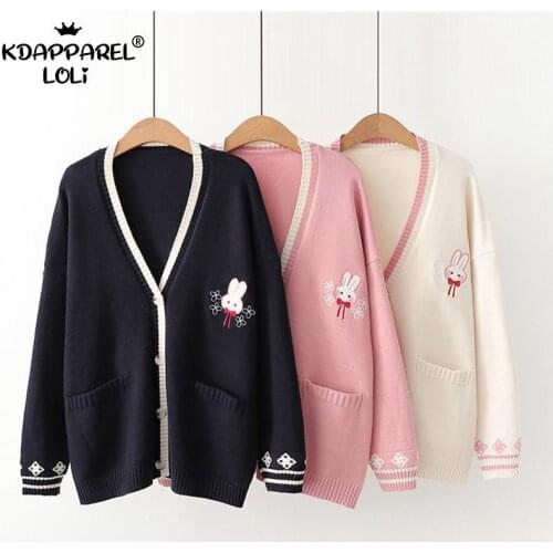 Sweet Girls Cardigan Embroidered Bunny Loose Knit V Neck Long Sleeve Pockets Sweater Jacket Teens Students Women Spring Autumn