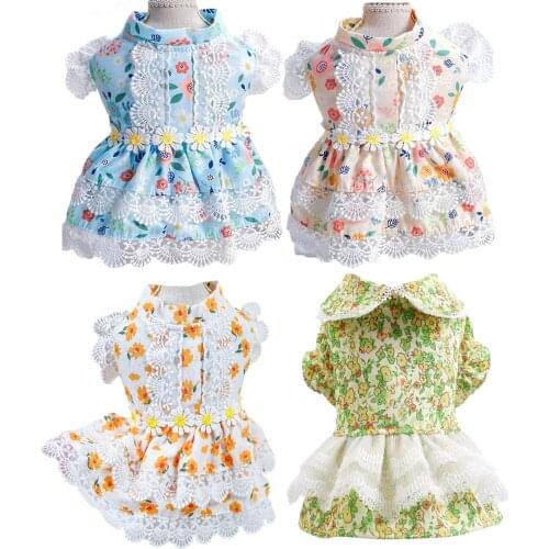 Summer Floral Print Boho Adorable Mini Skirt Dog Fashion Lace Frills Dress for dogs cats Pleated Skirts Beach Dress for Holiday