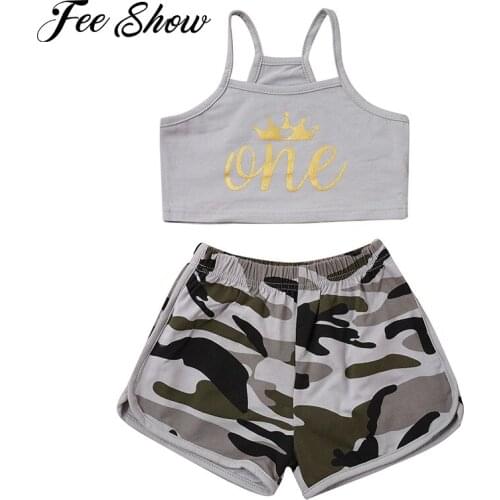 2Pcs Toddler Girls Fashion Cotton Summer Suits Casual Home Wear Spaghetti Straps Printed Cropped Top Camouflage Print Shorts Set