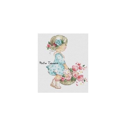The little girl carrying the flower basket cross stitch kit people design cotton thread 14ct linen flaxen canvas embroidery