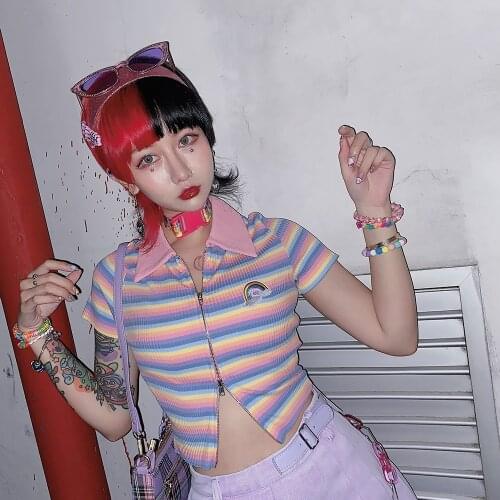 Original residence Europe and America native cool girl Rainbow Stripe polo collar double zipper fit top T-shirt t-shirts
