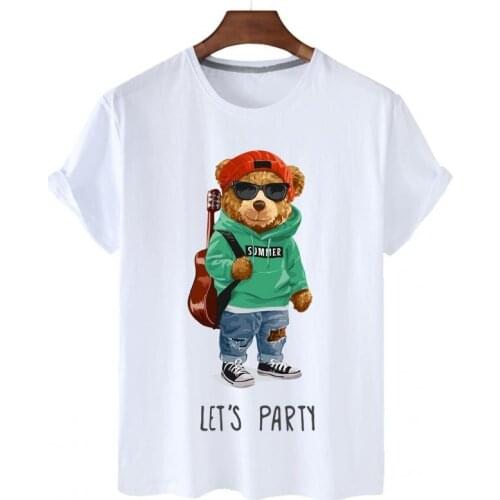 100% Cotton Back Guitar Bear Casual O-neck Loose Top Short-sleeved T-shirt Mens Plus Size T-shirt Mens And Womens Tops S-4XL