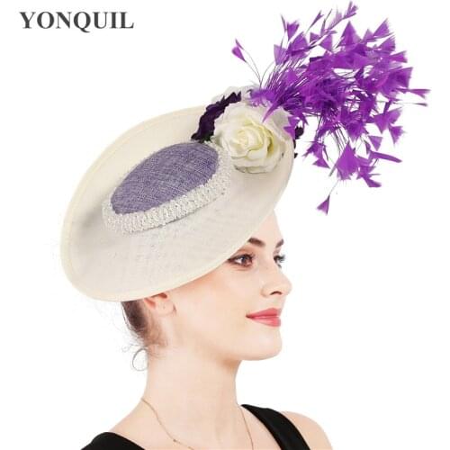 Ivory Big Fascinators Hat With Purple Feathers Millinery Dinner Kenducky Ladies Headpiece Caps Female Floral Hair Accessories