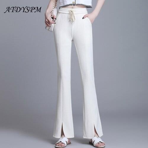 Vintage Flare Pants Women Korean Fashion Split High Waist Ankle Length Office Trousers Lady Streetwear Black Beige Casual Pants