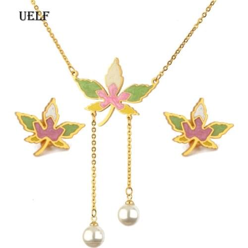 UELF Fashion New Women Dragonfly Necklace Earrings Set Enamel Choker Pendant Children Costume Jewellery Parure Bijoux Femme