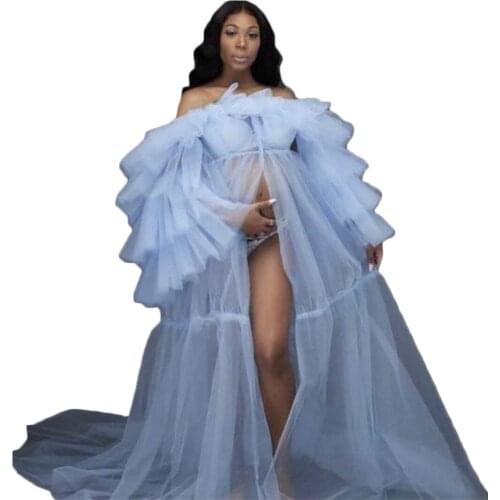 Evening Maternity Dresses Robes For Photo Shoot Custom Made Sexy Off Shoulder High Side Split Lace Tulle Ruffled Maternity Gowns