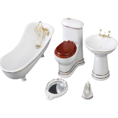 Vintage 5pcs 1/12 Dollhouse Miniature Porcelain Bathroom Bathtub Set Decoration Ornaments