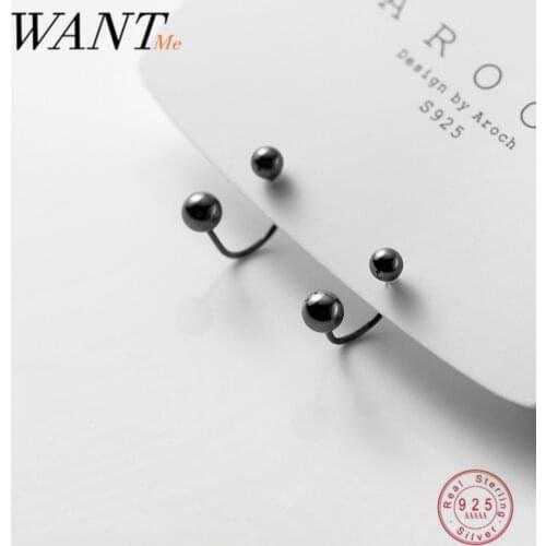 WANTME Real 925 Sterling Silver Double Thread Black Bead Stud Earrings for Women Men Minimalist Punk Rock Hip Hop Party Jewelry