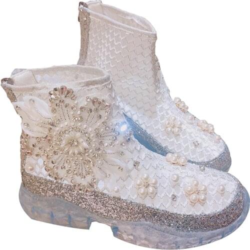 Luxury Pearls Womens Platform Ankle Boots Breathable Mush Spring Summer Shoes Woman 2021 Bling Crystals Chunky Sneakers Booties