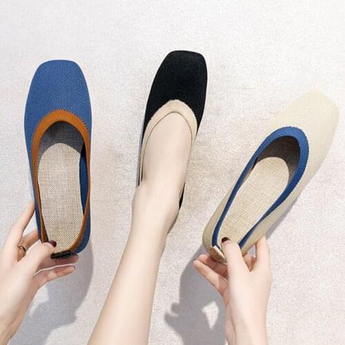 Flat-bottomed womens shoes autumn 2021 woven breathable net red square-toed peas shoes all-match flying knitting lazy shoes