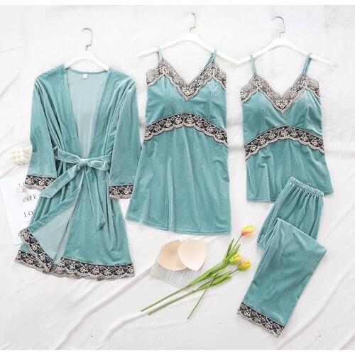 4 Pieces Velvet Pajamas Set Women Sexy Lace Sleepwear Pajamas Suit Winter Warm Sling Nightdress Woman Nightwear