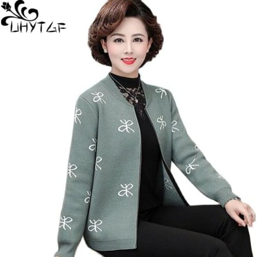UHYTGF Mother Knitted Spring Autumn Sweater Coat Stand Collar Zipper Cardigan For Women Jacket Casual 3XL Plus Size Sweater 1548